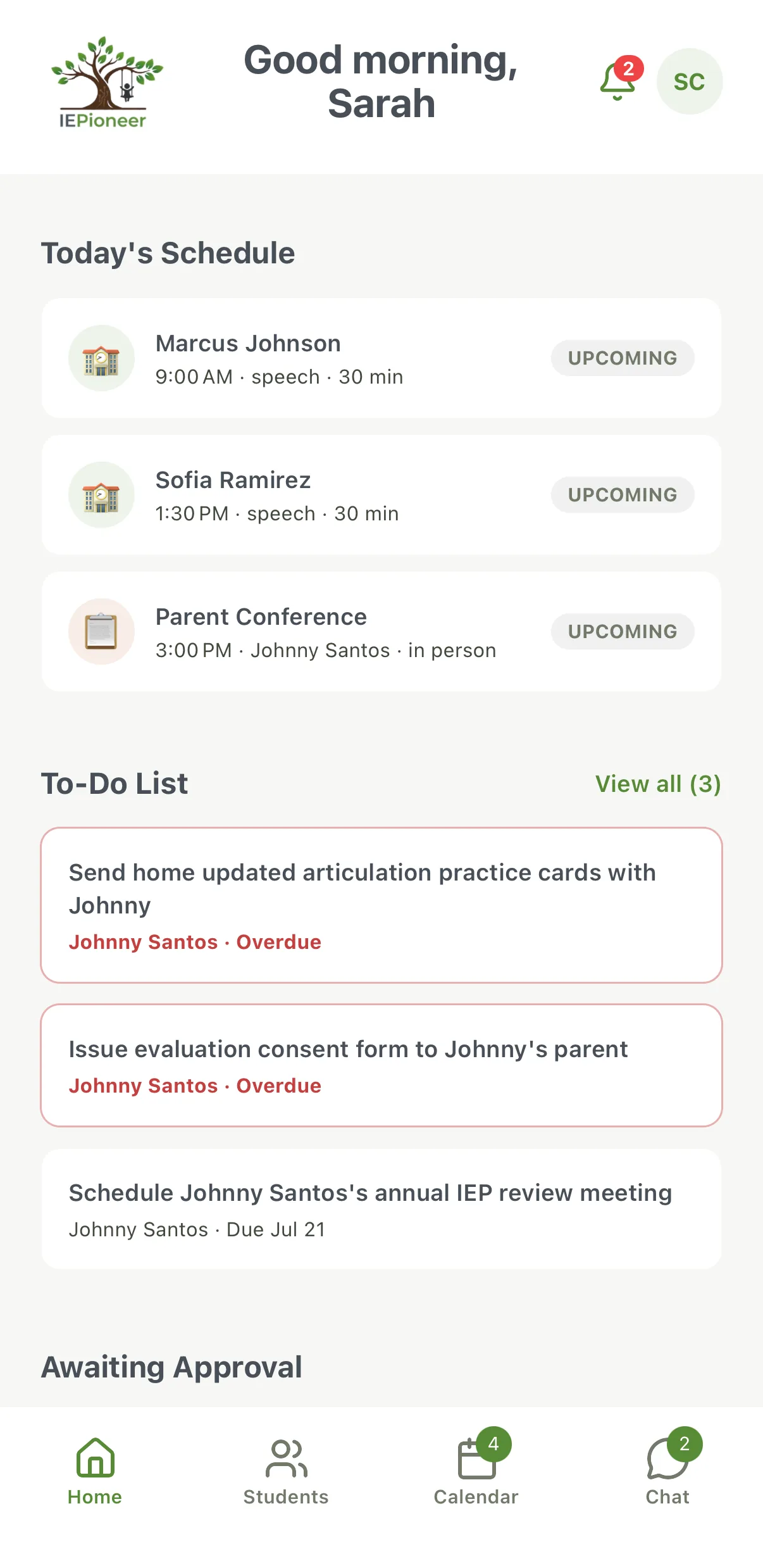 IEPioneer mobile app — practitioner dashboard