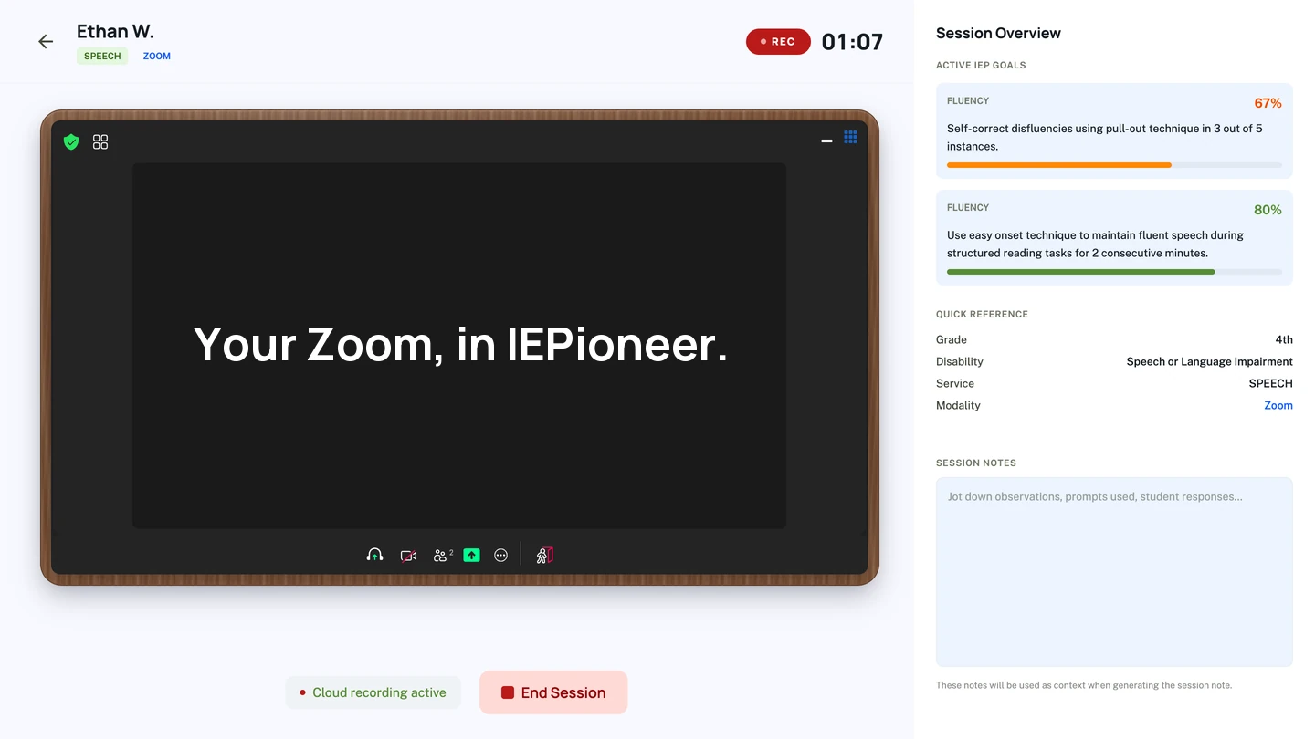Zoom teletherapy session embedded inside IEPioneer